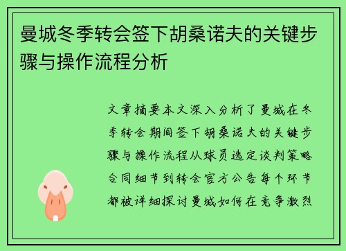 曼城冬季转会签下胡桑诺夫的关键步骤与操作流程分析